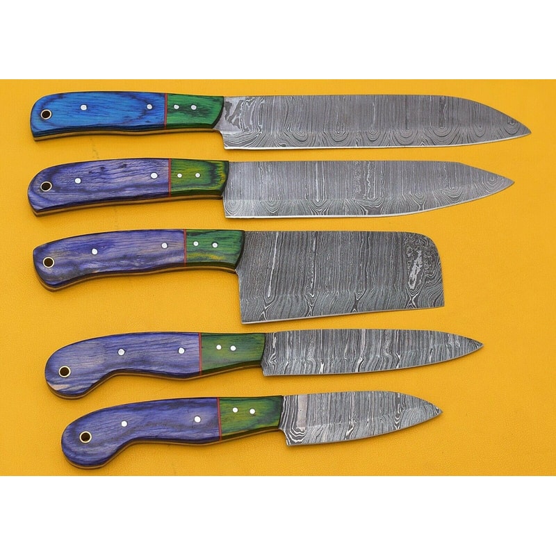 Custom Forged Damascus Steel Kitchen Knives Set Of 5 Pakka Wood 0