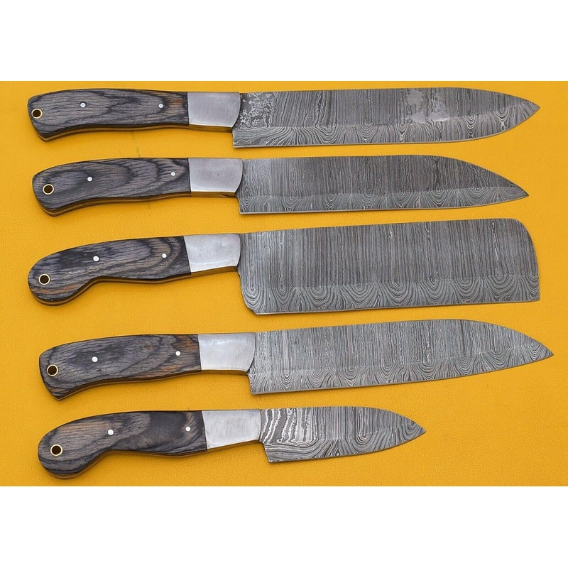 Handmade Damascus Kitchen 5 Chef Knives Set With Pakka Wood Handle 0