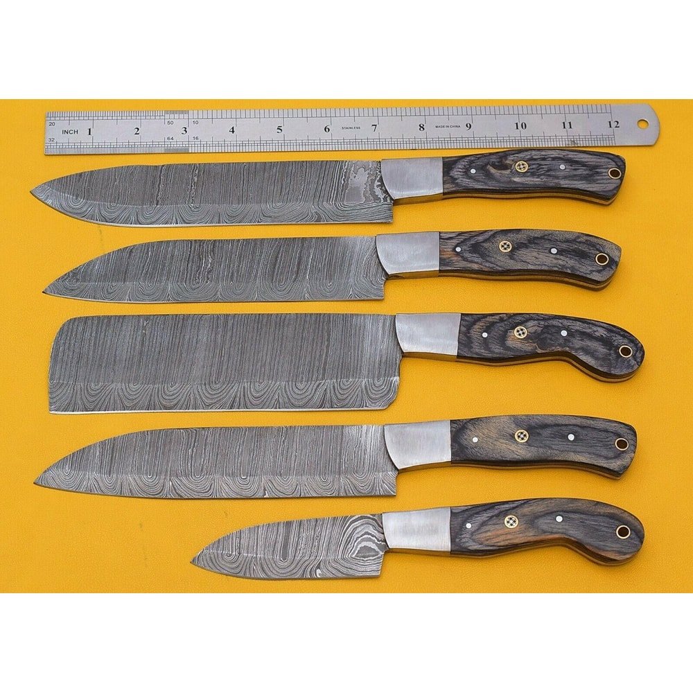 Handmade Damascus Kitchen 5 Chef Knives Set With Pakka Wood Handle 1