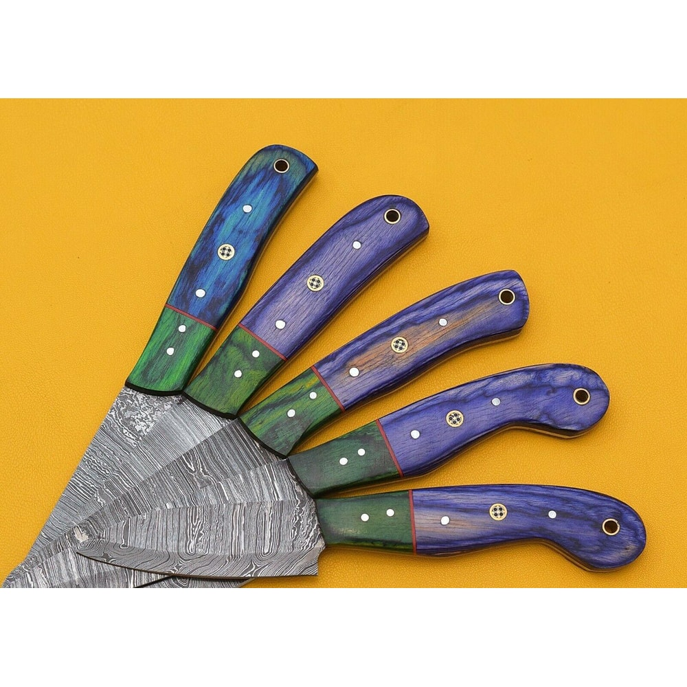 Custom Handmade Damascus Chef Knives Set Of 5 With Leather Sheath 3