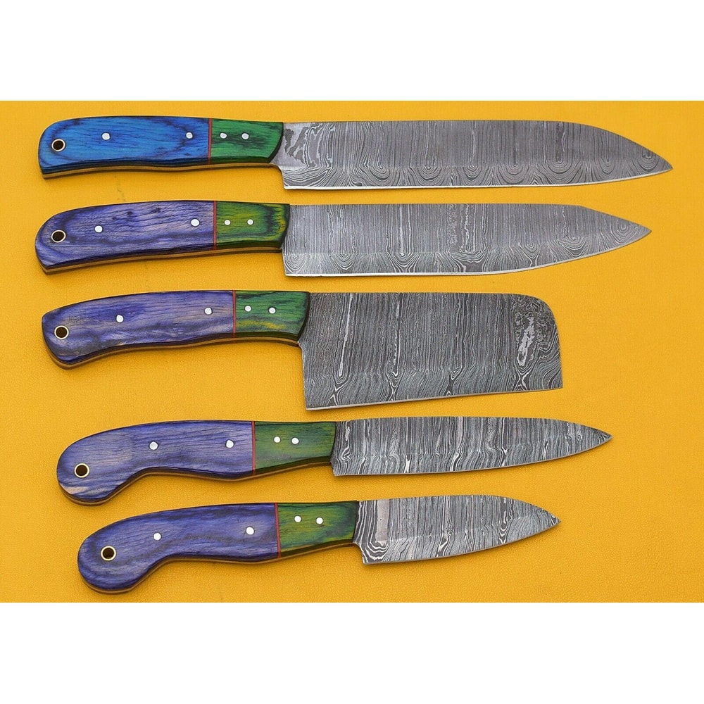 Custom Handmade Damascus Chef Knives Set Of 5 With Leather Sheath 2