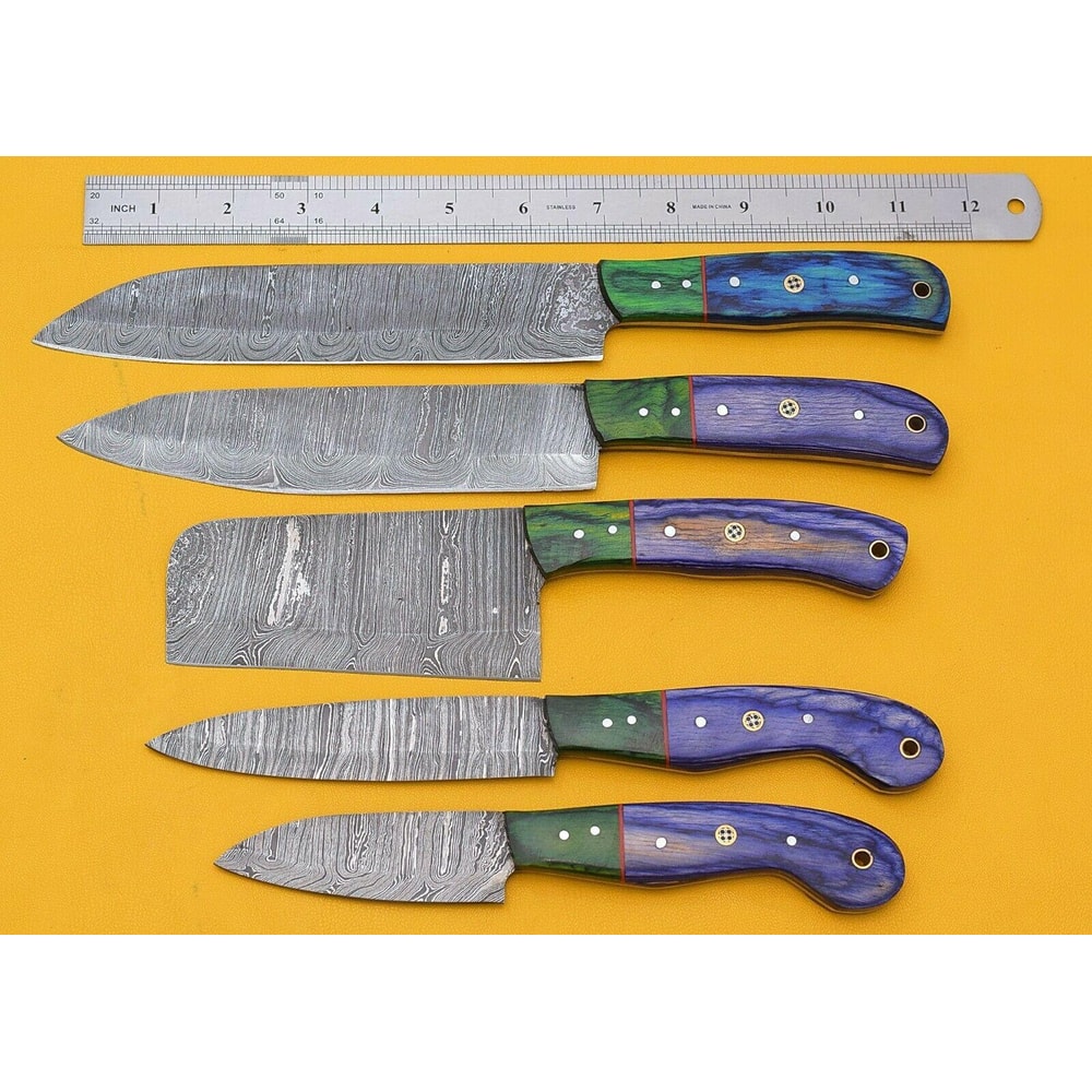 Custom Handmade Damascus Chef Knives Set Of 5 With Leather Sheath 0