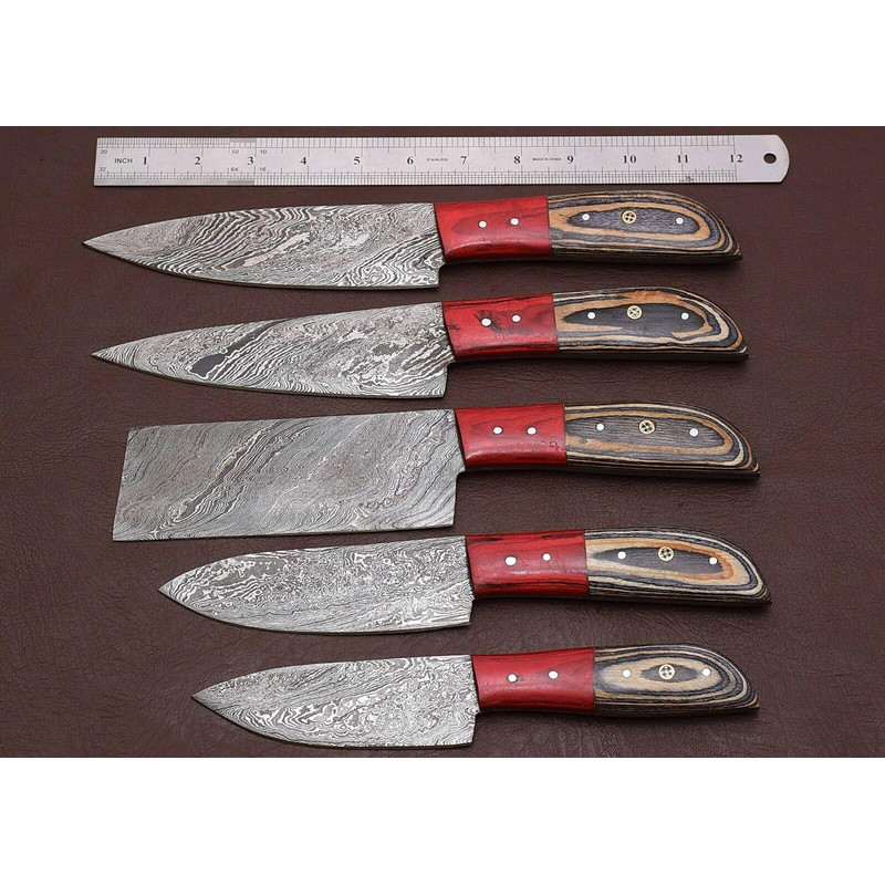 HandForged Damascus Steel Chef Knife Set Of 5 With Pakka Wood Handles 0