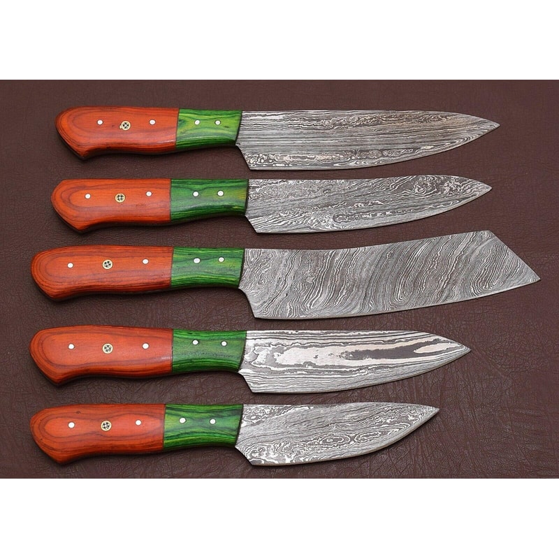 Artisan Damascus Kitchen Knives Set With Pakka Wood Handles 5 Pc 1