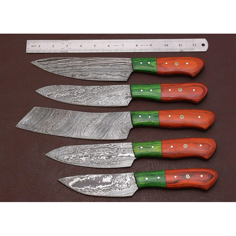 Artisan Damascus Kitchen Knives Set With Pakka Wood Handles 5 Pc 0