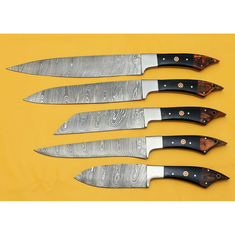 Handmade Damascus Chef Kitchen 5Piece Knife Set With Horn Wood Handle 0
