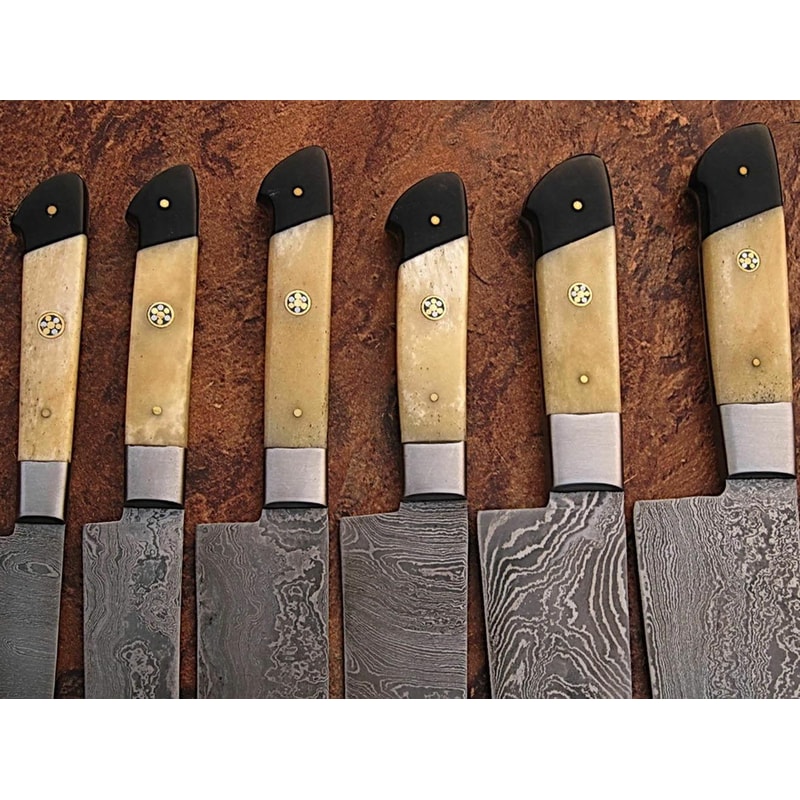 Custom Handmade Damascus Steel Kitchen Knife Set Bone Horn Handle 1
