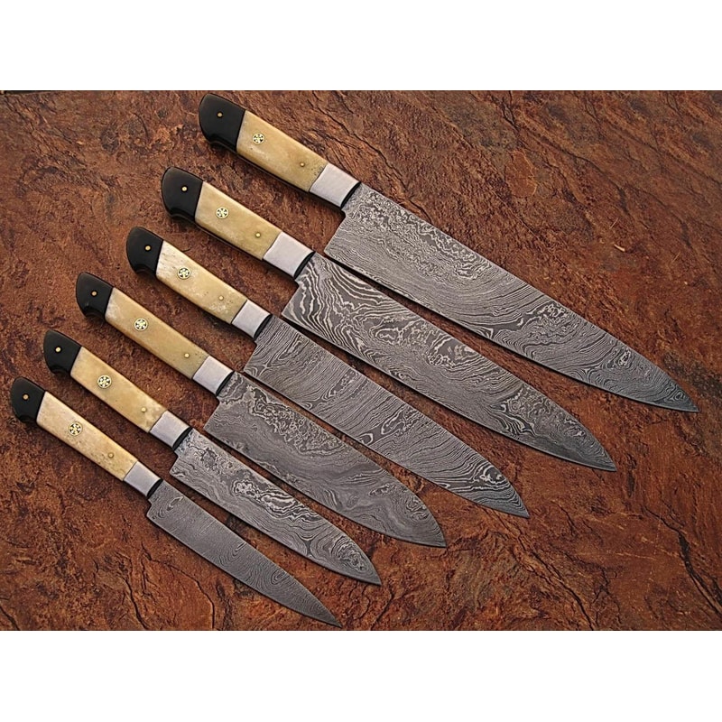 Custom Handmade Damascus Steel Kitchen Knife Set Bone Horn Handle 2