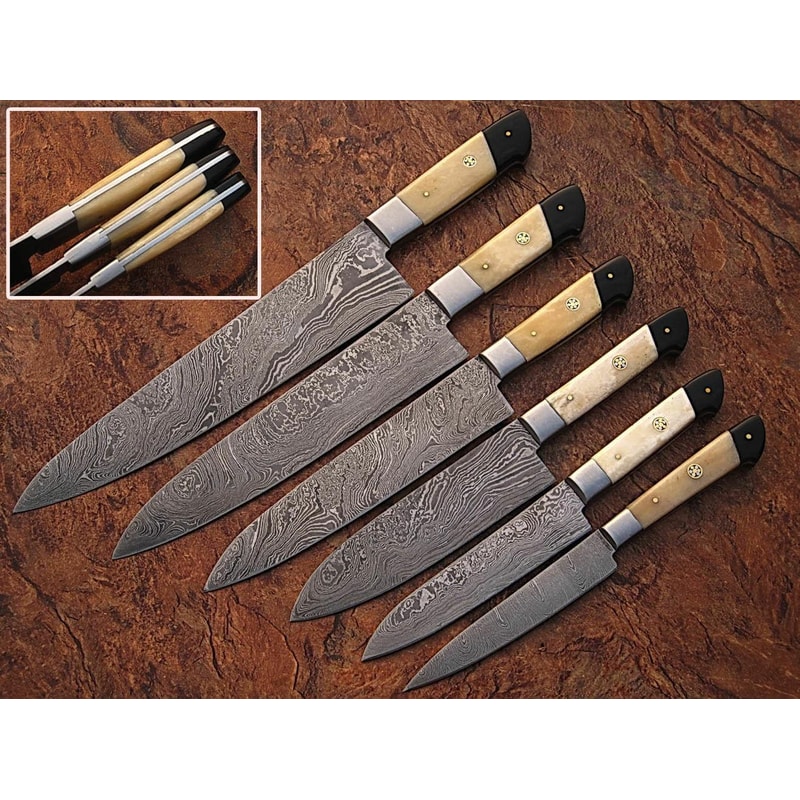 Custom Handmade Damascus Steel Kitchen Knife Set Bone Horn Handle 0