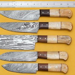 handmade damascus steel 5-piece kitchen chef knife set with bone handle