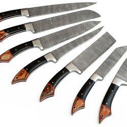 handmade damascus steel 7-piece chef kitchen knife set | wood & horn handle