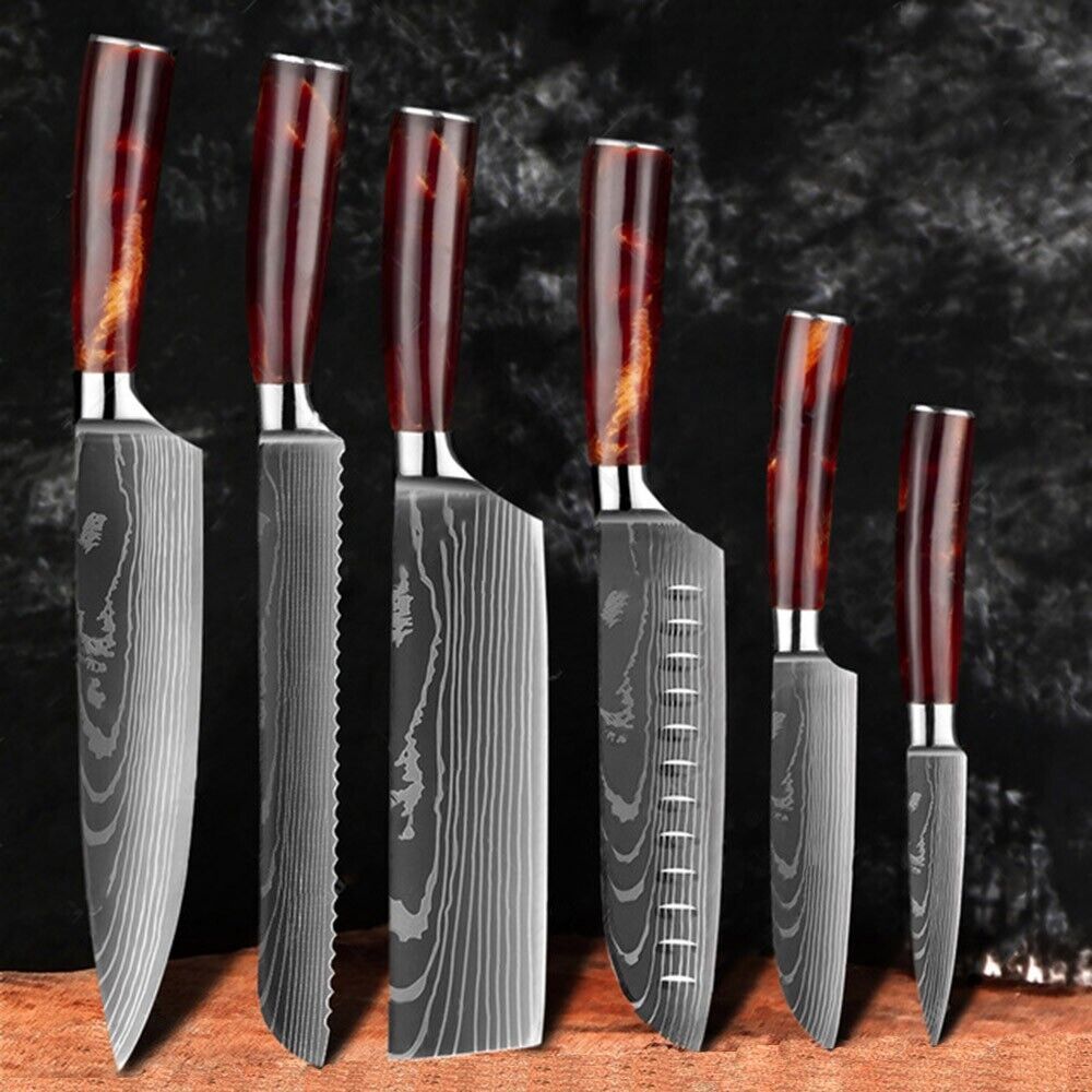 6Piece Japanese Style Damascus Pattern Chef Knife Set With Scabbard Color Wood 0