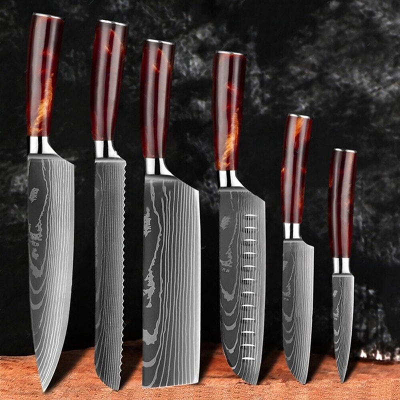 6Piece Japanese Style Damascus Pattern Chef Knife Set With Scabbard Color Wood 0