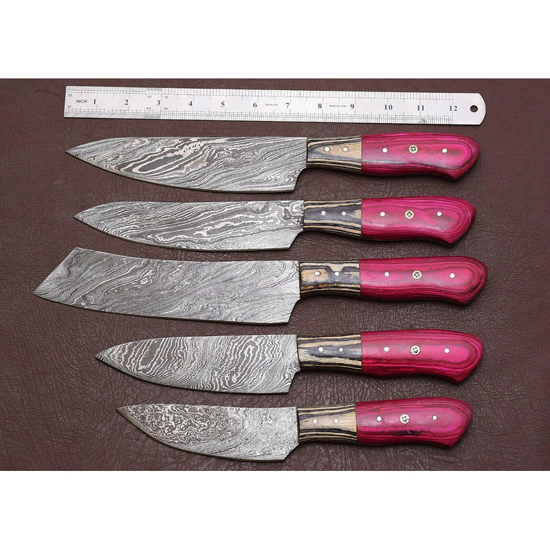 Handmade Damascus Chef Knife Kitchen Set With Pakka Wood Handle Sheath 2