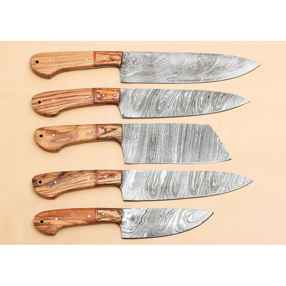 Custom Handmade Damascus Kitchen Knife Set With Leather Sheath 0