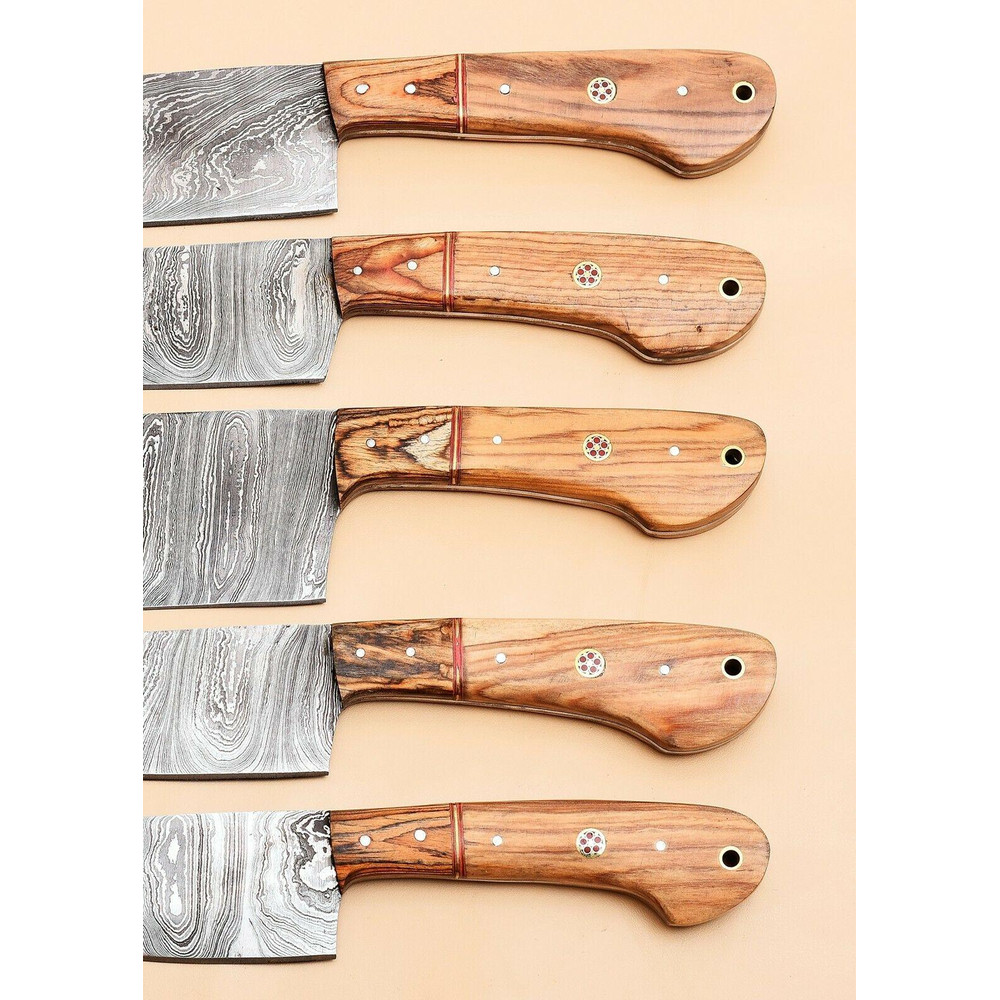 Custom Handmade Damascus Kitchen Knife Set With Leather Sheath 2