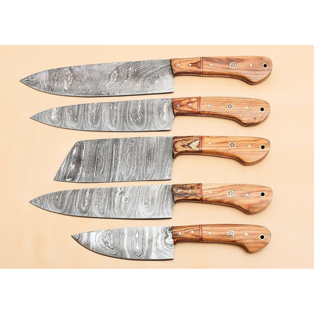 Custom Handmade Damascus Kitchen Knife Set With Leather Sheath 1