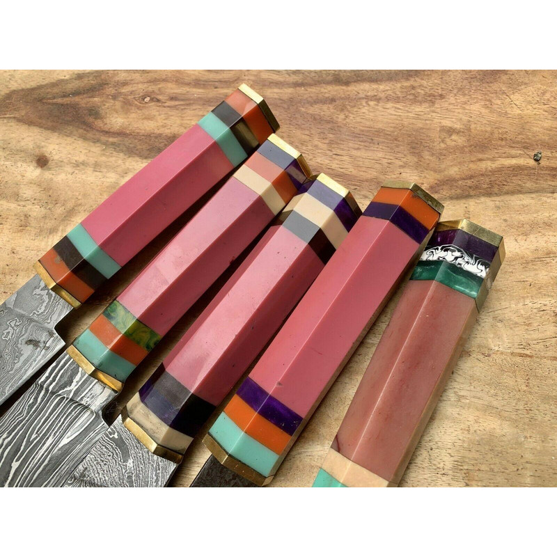 Handmade Damascus Steel Chef Knife Set With Leather Bag Kitchen Knives 3