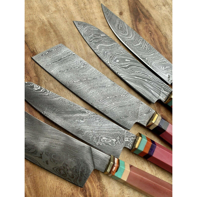 Handmade Damascus Steel Chef Knife Set With Leather Bag Kitchen Knives 2