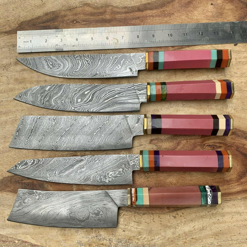 Handmade Damascus Steel Chef Knife Set With Leather Bag Kitchen Knives 0