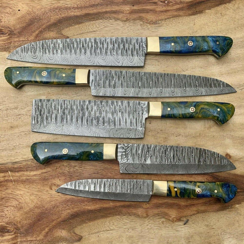 Professional 5Piece Damascus Kitchen Knife Set Resin Handle Design 1