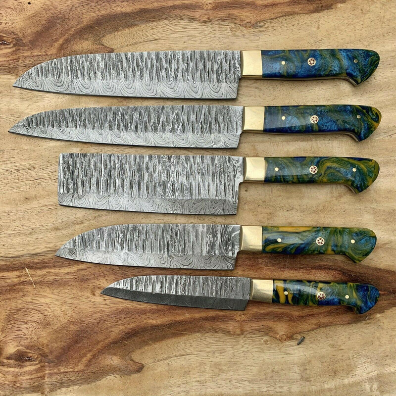 Professional 5Piece Damascus Kitchen Knife Set Resin Handle Design 0