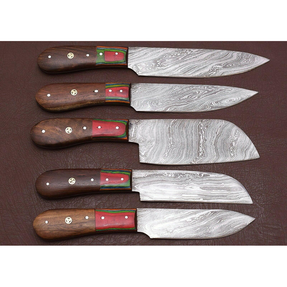 Handmade Damascus Steel Chef Knife Kitchen Set With Rose Wood Handle 0