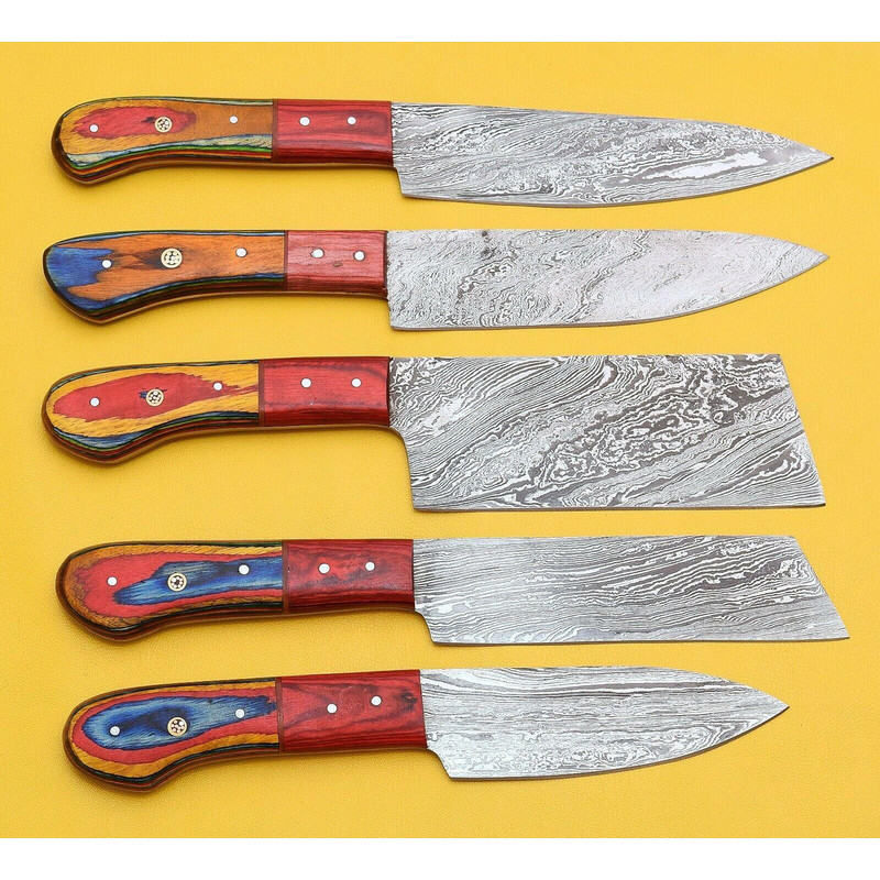 Handmade Damascus Steel Chef Knife Set With Elegant Pakka Wood Handles 0