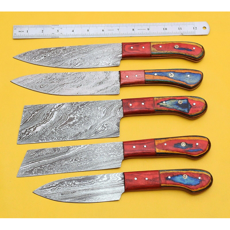Handmade Damascus Steel Chef Knife Set With Elegant Pakka Wood Handles 1