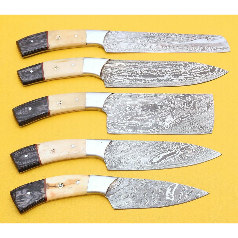 Handmade Damascus Steel Chef Knife Set Bone Handle Kitchen Knives 0