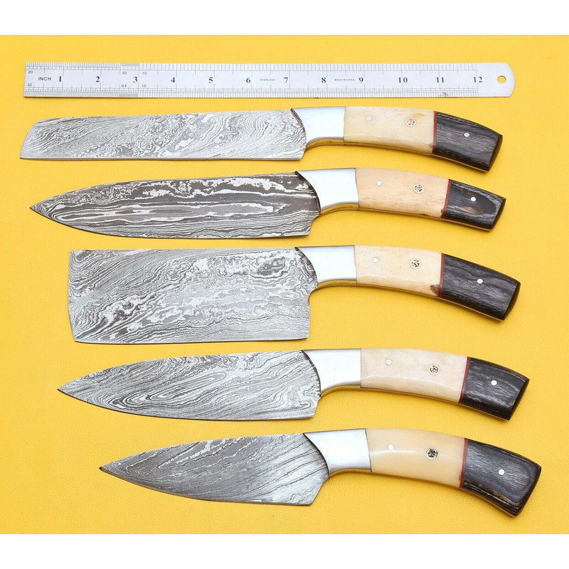Handmade Damascus Steel Chef Knife Set Bone Handle Kitchen Knives 1