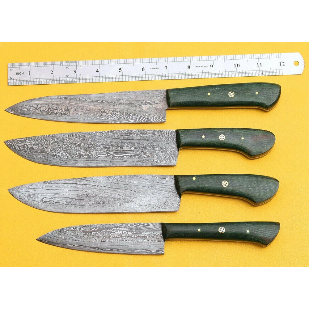 Handmade Damascus Steel 4Piece Chef Knife Set Micarta Handle Kitchen Knives 3