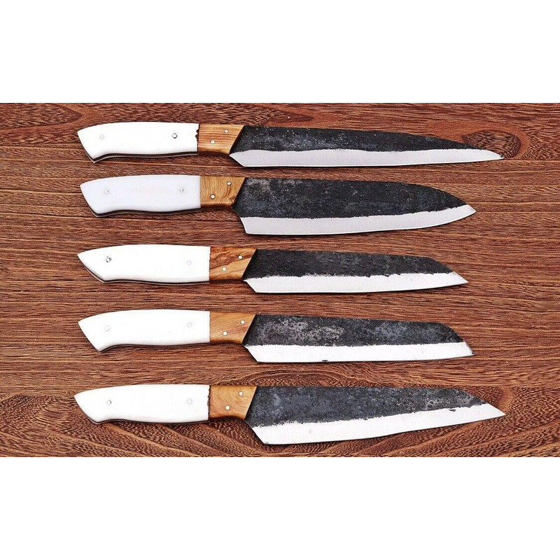 5Piece Hand Forged Carbon Steel Chef Knife Set  Railroad Spike Knives 0