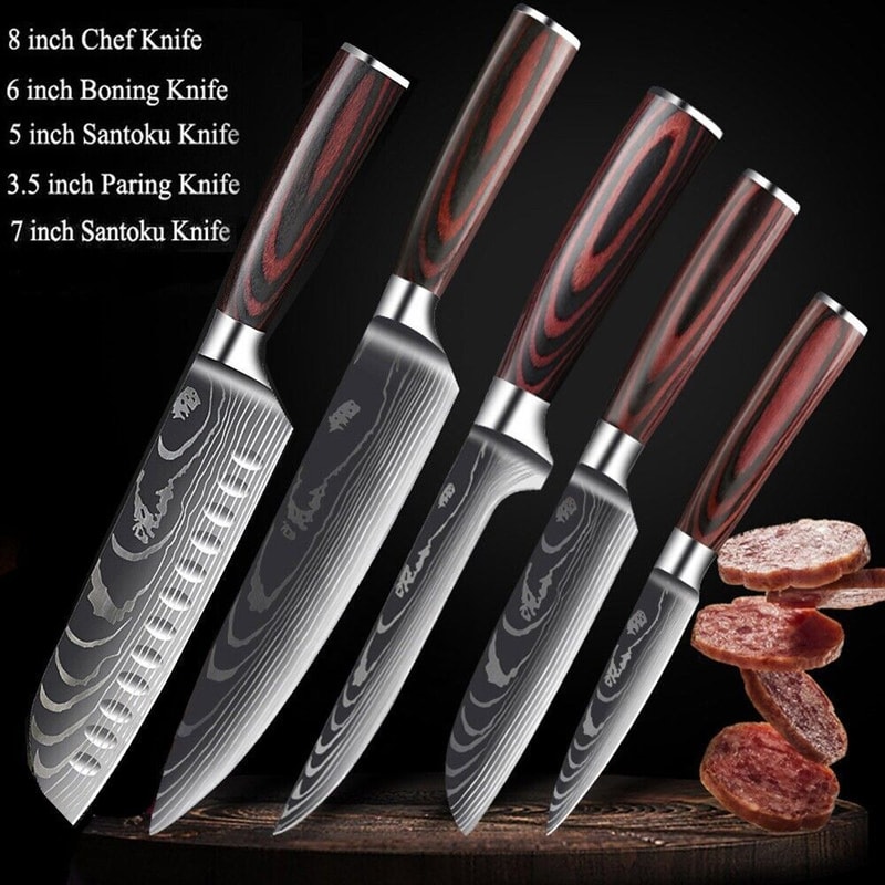 5PC Japanese Style Chef Knife Set Laser Damascus Pattern HighCarbon Steel 0
