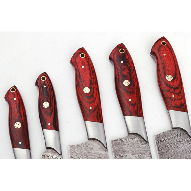 Handmade Damascus 5Piece Chef Knife Set Red Dollar Wood Handle Custom Kitchen Knives 3