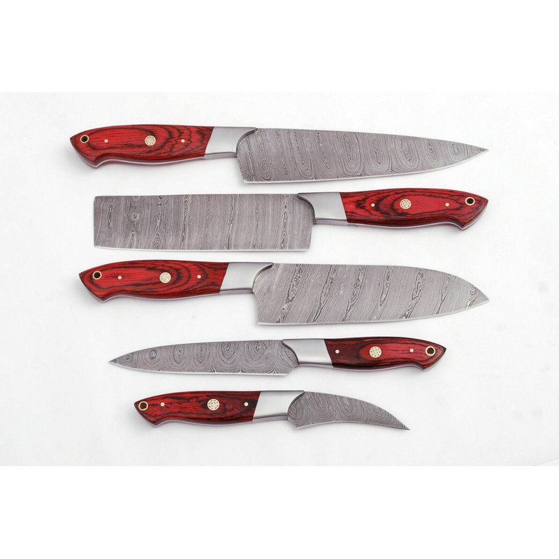 Handmade Damascus 5Piece Chef Knife Set Red Dollar Wood Handle Custom Kitchen Knives 1