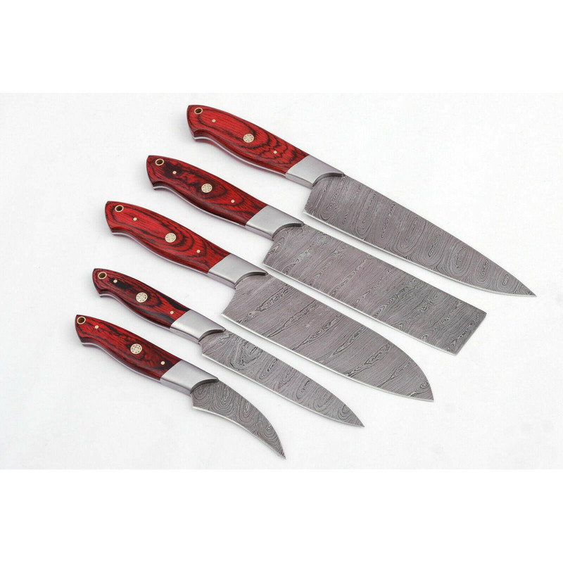 Handmade Damascus 5Piece Chef Knife Set Red Dollar Wood Handle Custom Kitchen Knives 2