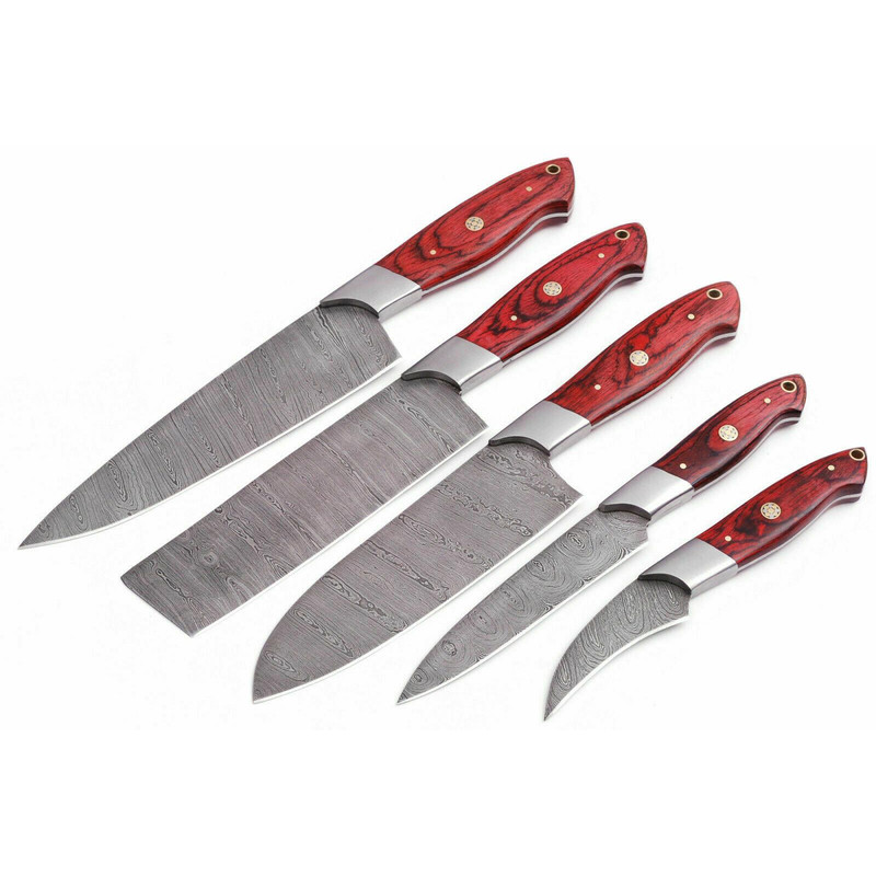 Handmade Damascus 5Piece Chef Knife Set Red Dollar Wood Handle Custom Kitchen Knives 0