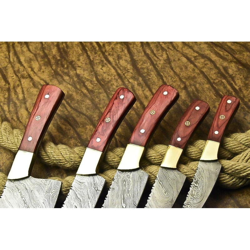 Lot Of 5 Handmade Damascus Steel Full Tang Chef Knives Set Custom Forged Hardwood Handle Kitchen K 1