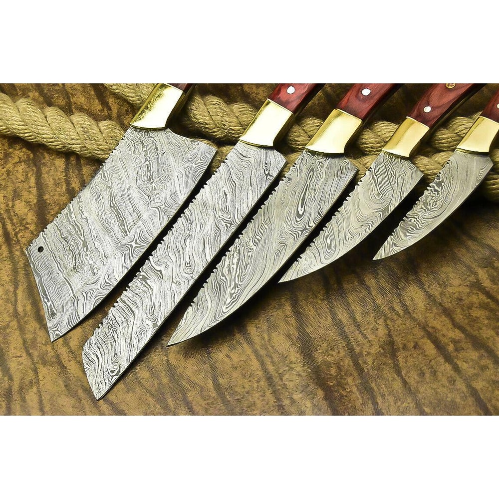 Lot Of 5 Handmade Damascus Steel Full Tang Chef Knives Set Custom Forged Hardwood Handle Kitchen K 2