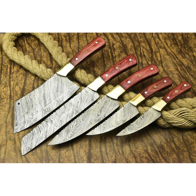 Lot Of 5 Handmade Damascus Steel Full Tang Chef Knives Set Custom Forged Hardwood Handle Kitchen K 0