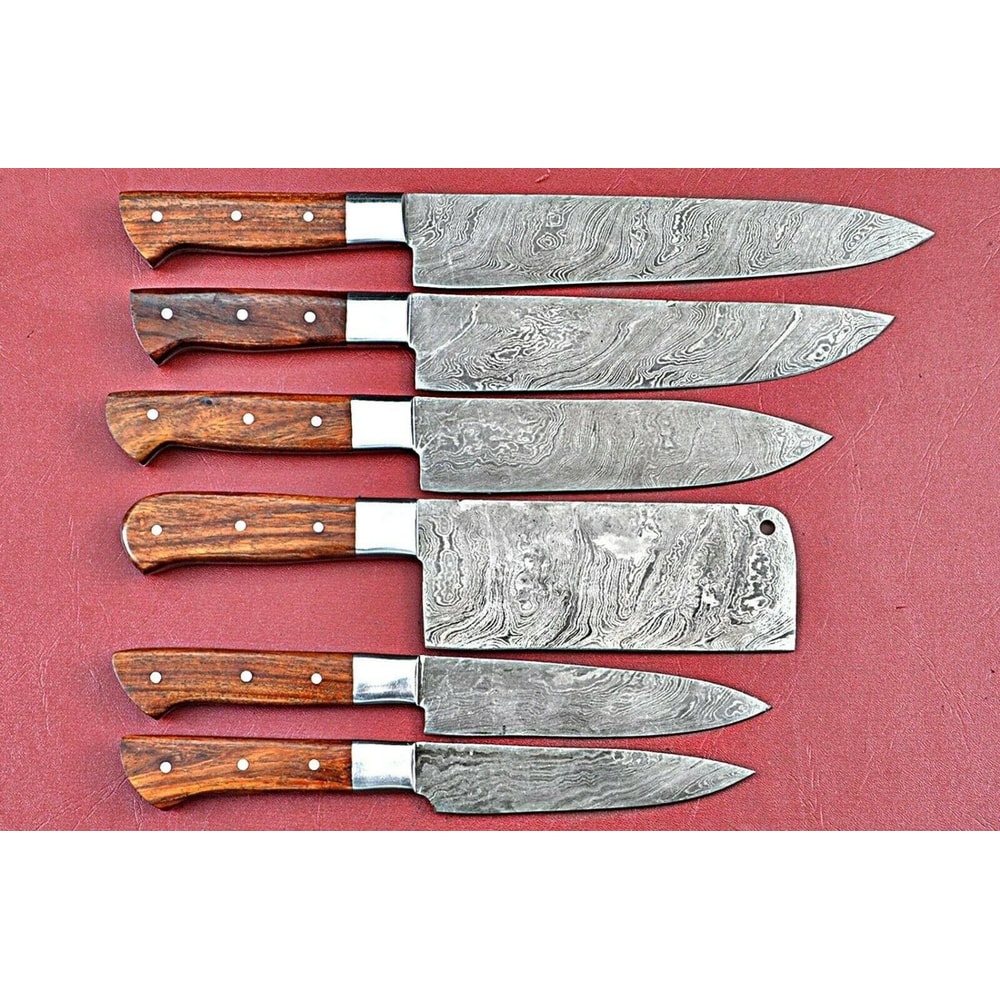 Lot Of 6 Handmade Damascus Steel Full Tang Chef Knives Set Custom Forged Hardwood Handle Kitchen K 0
