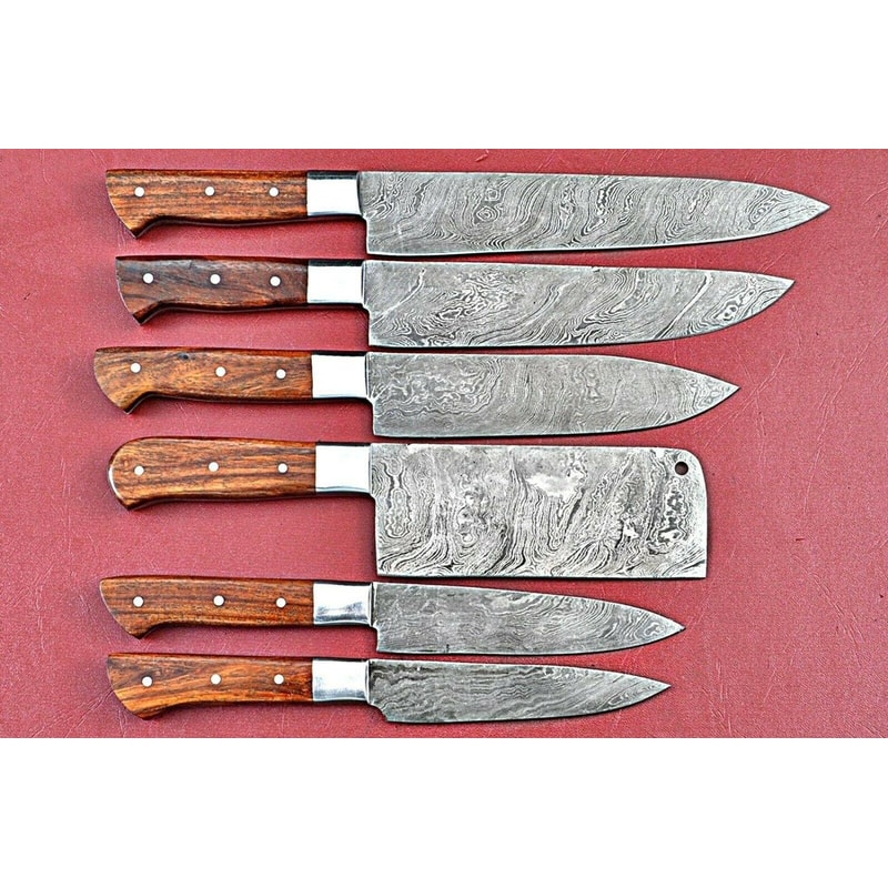 Lot Of 6 Handmade Damascus Steel Full Tang Chef Knives Set Custom Forged Hardwood Handle Kitchen K 0