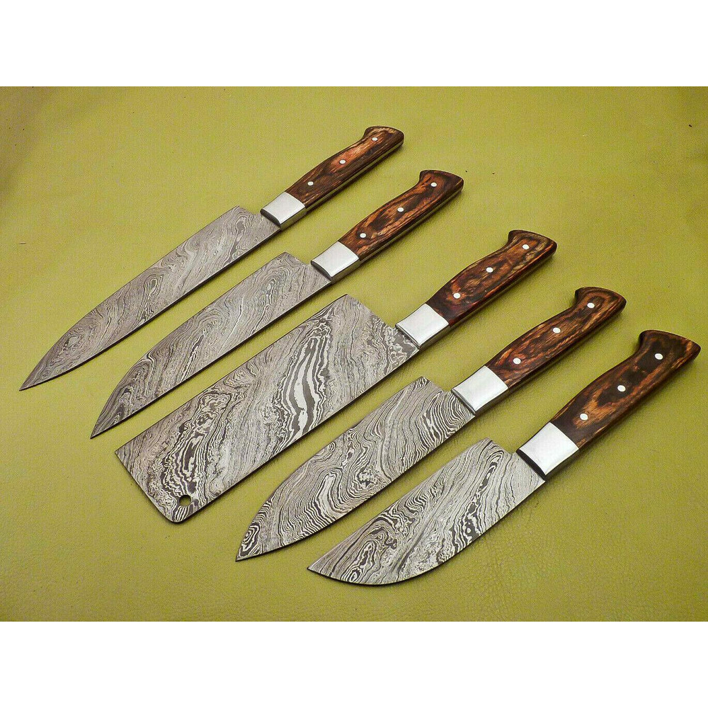 Handmade Damascus Steel Chef Knife Set Lot Of 5 Full Tang Kitchen Knives With Hardwood Handle 0