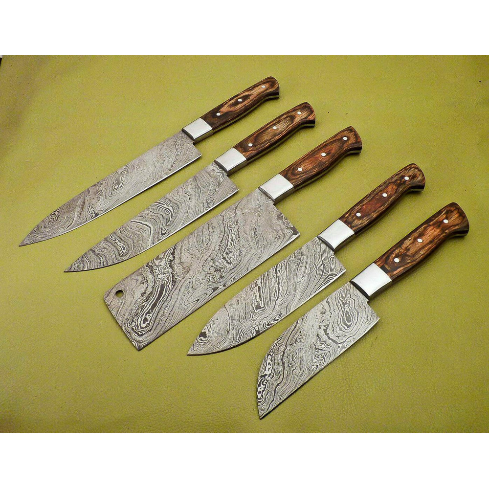 Handmade Damascus Steel Chef Knife Set Lot Of 5 Full Tang Kitchen Knives With Hardwood Handle 1
