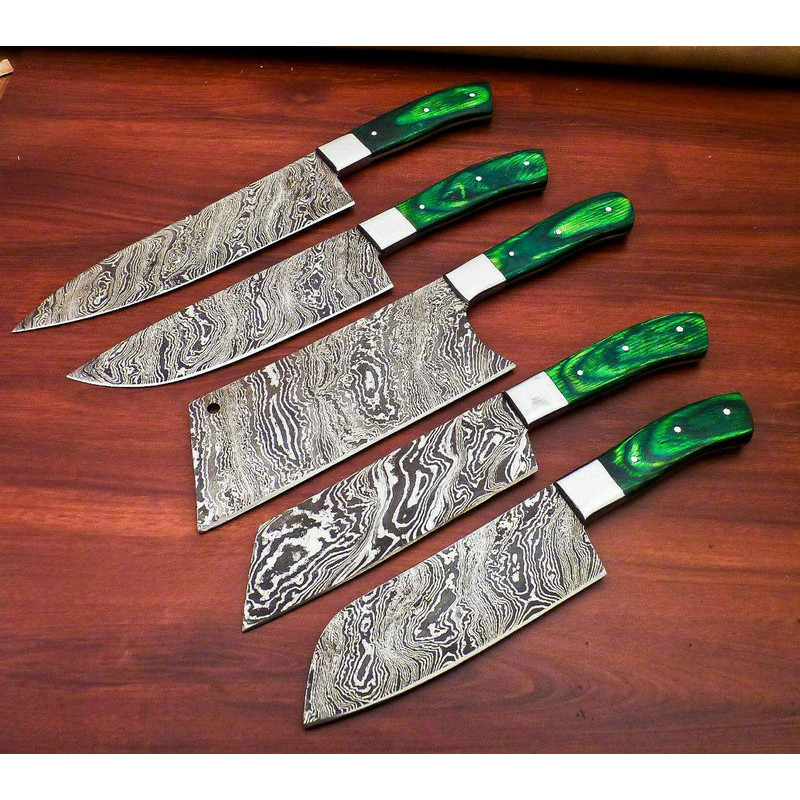Lot Of 5 Handmade Damascus Steel Chef Knife Set Full Tang Kitchen Knives With Hardwood Handle 0