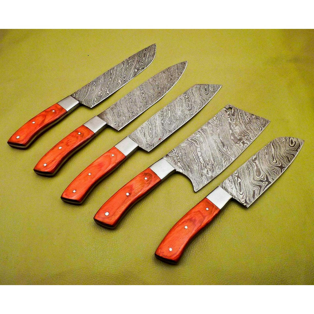 Premium Handmade Damascus Steel Chef Knives Lot Of 5 Hardwood Handle Kitchen Set 1