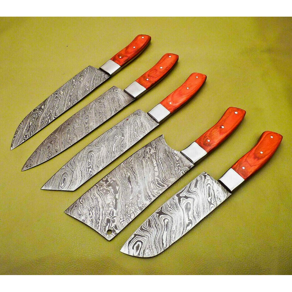 Premium Handmade Damascus Steel Chef Knives Lot Of 5 Hardwood Handle Kitchen Set 2