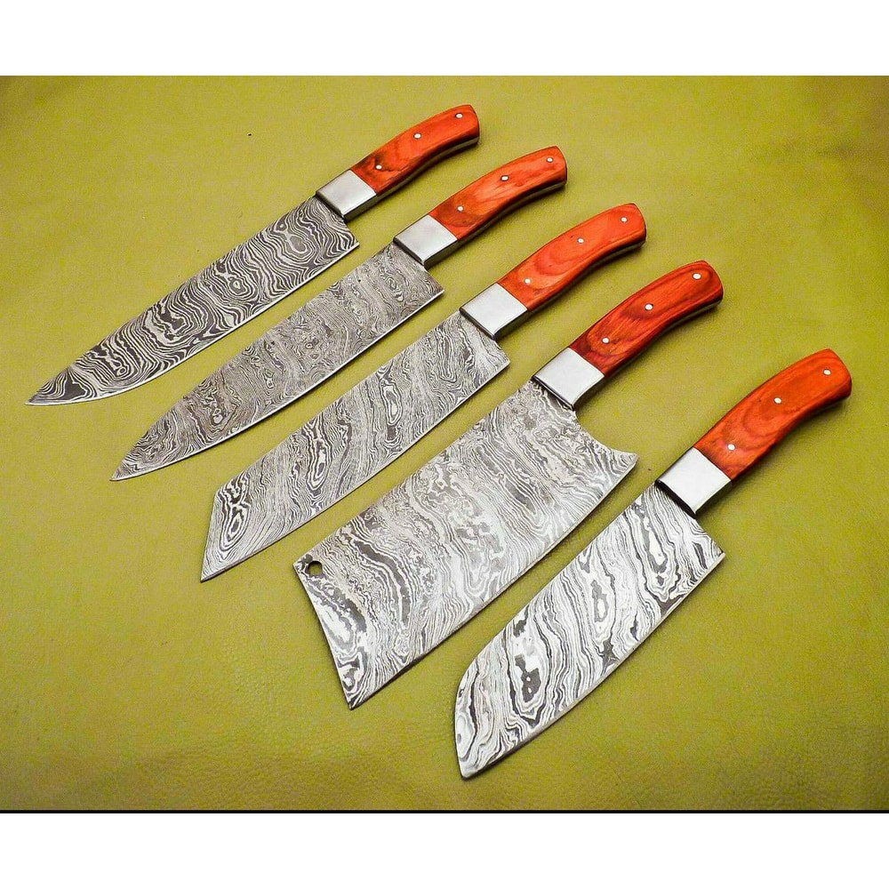 Premium Handmade Damascus Steel Chef Knives Lot Of 5 Hardwood Handle Kitchen Set 0