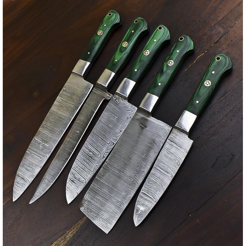 Rare Handmade Damascus Steel 5Piece Chef Knife Set With Hardwood Handle 0